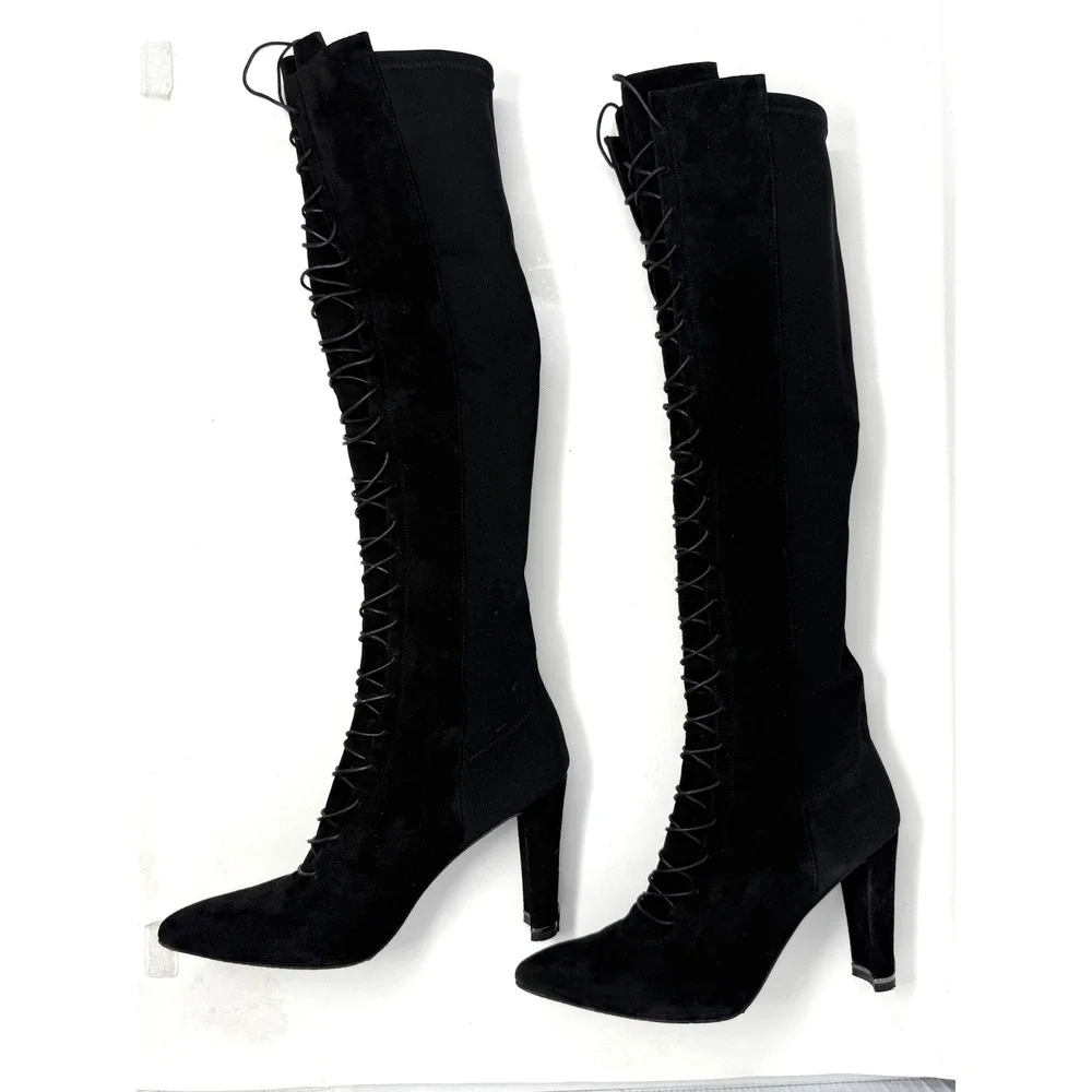 Stuart Weitzman Black Suede Lace Up Knee High Block Heel Boots 8M 51359